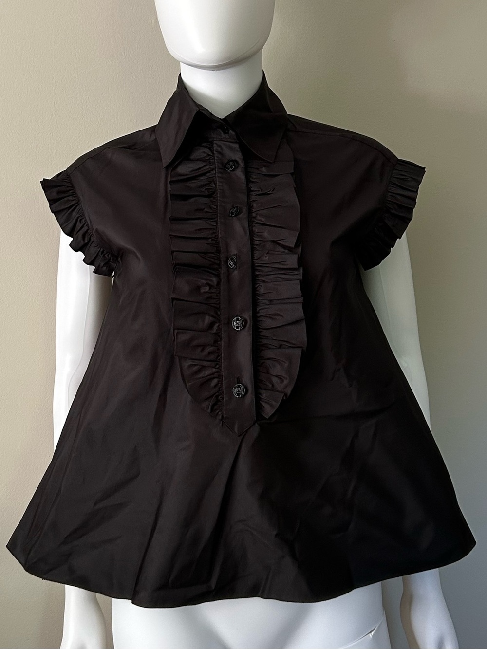 Chanel 07C Black Silk Ruffle CC Logo Button Babydoll Blouse FR 36 US 4